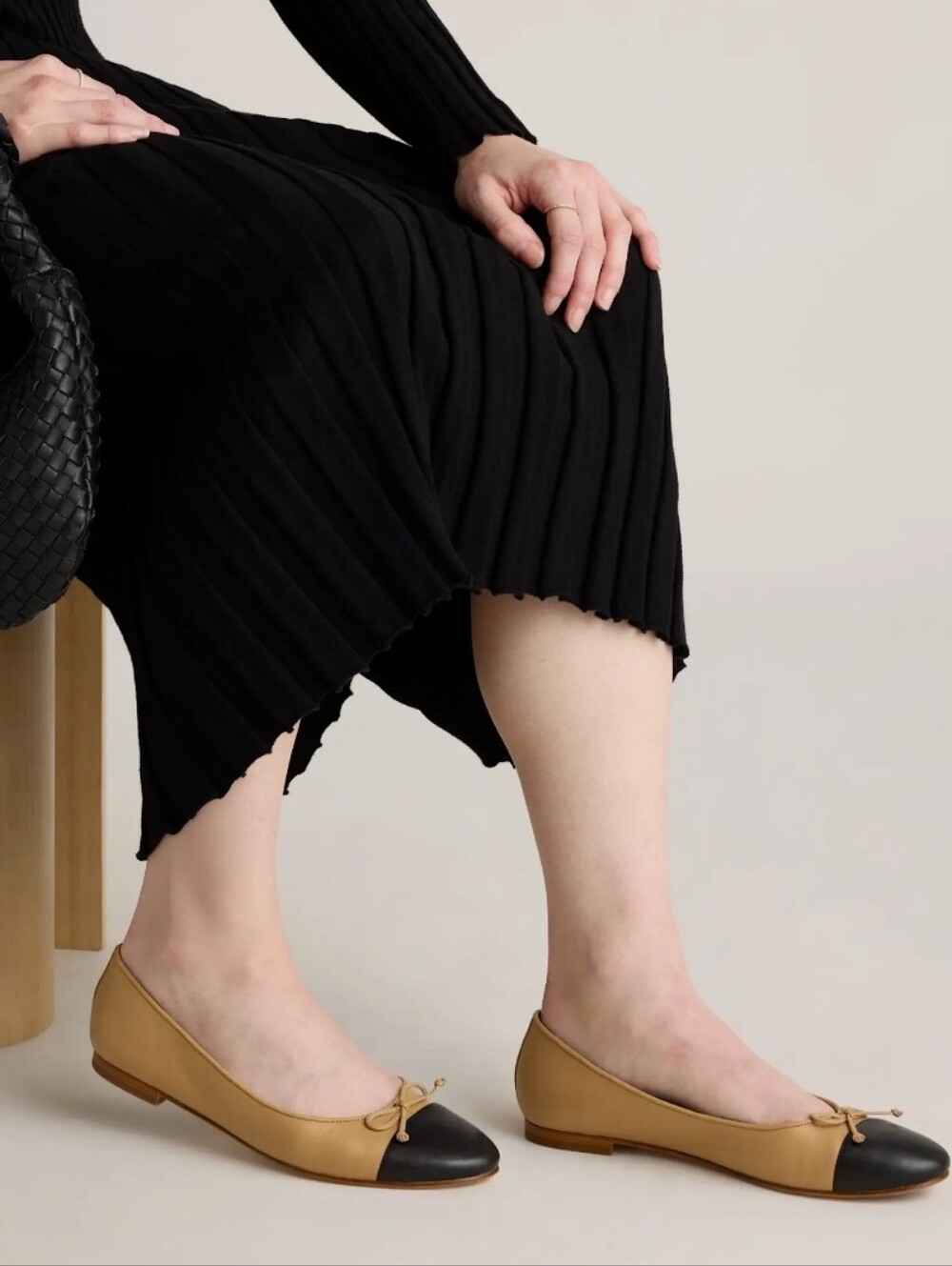 Quince Italian Leather Cap-toe Ballet Flats - Cashew & black - Picture 3 of 14